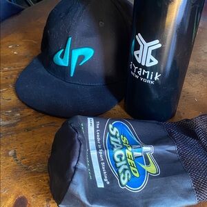 Black Cap with Teal Logo with water bottle and mesh